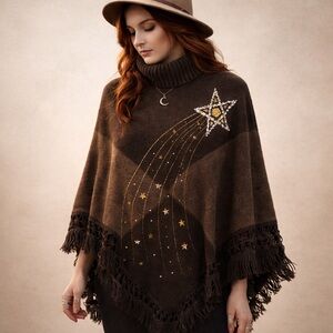 Lily Wool Blend Celestial Shooting Star Poncho Sweater Fringe Hem Boho Festival